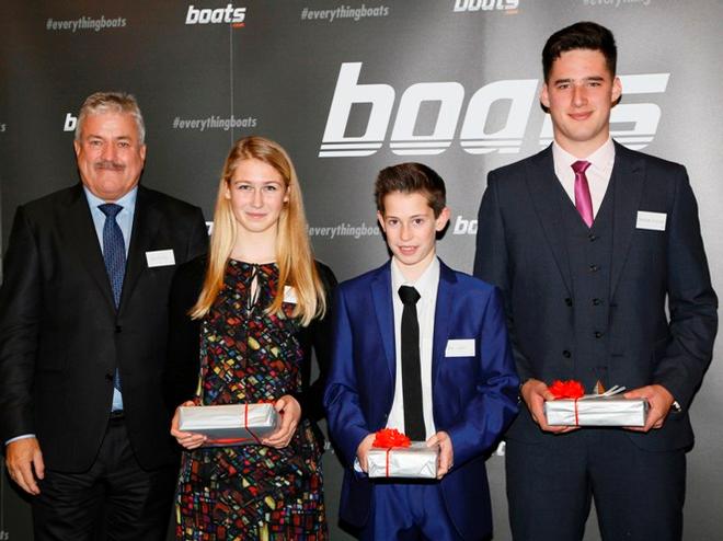 Nominees for the boats.com YJA Young Sailor of the Year Award, presented by Ian Atkins, CEO of boats.com (left) at Trinity House, London.  Left  15 year old Eleanor Poole from Dunsford, Devon (winner)  Jack Lewis and Cameron Tweedle. © Patrick Roach